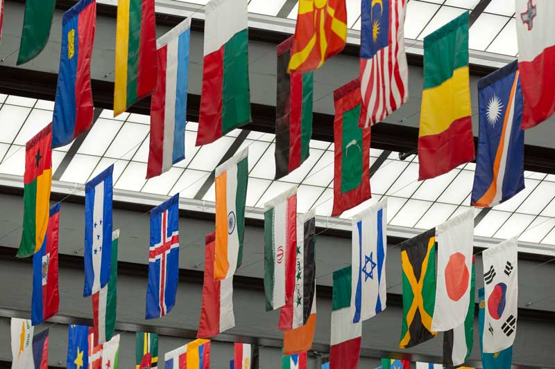 Country flags hung on a library ceiling