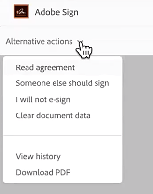 Screenshot of Alternative Actions dropdown menu