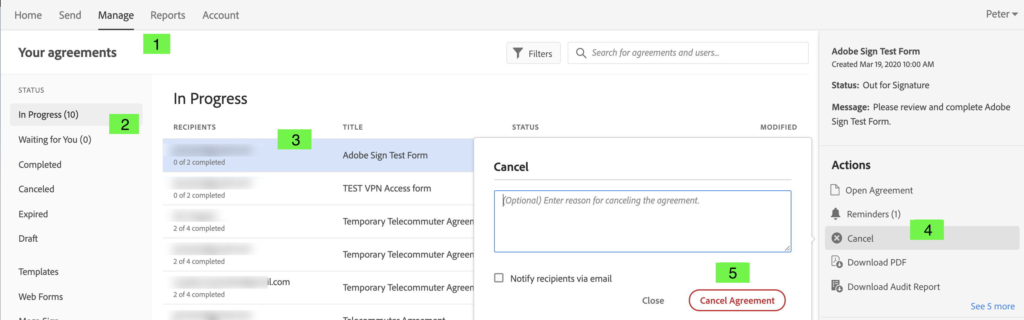 Screenshot of Manage tab, showing steps in agreement cancellation process