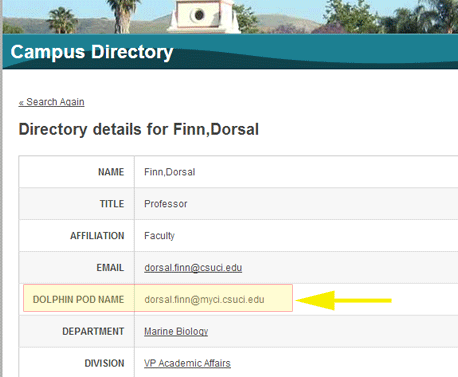 Screenshot of Campus Directory entry, highlighting Dolphin Pod Name field 