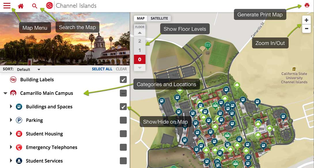 Screenshot of map: map menu, search icon, floors selector, zoom in and out