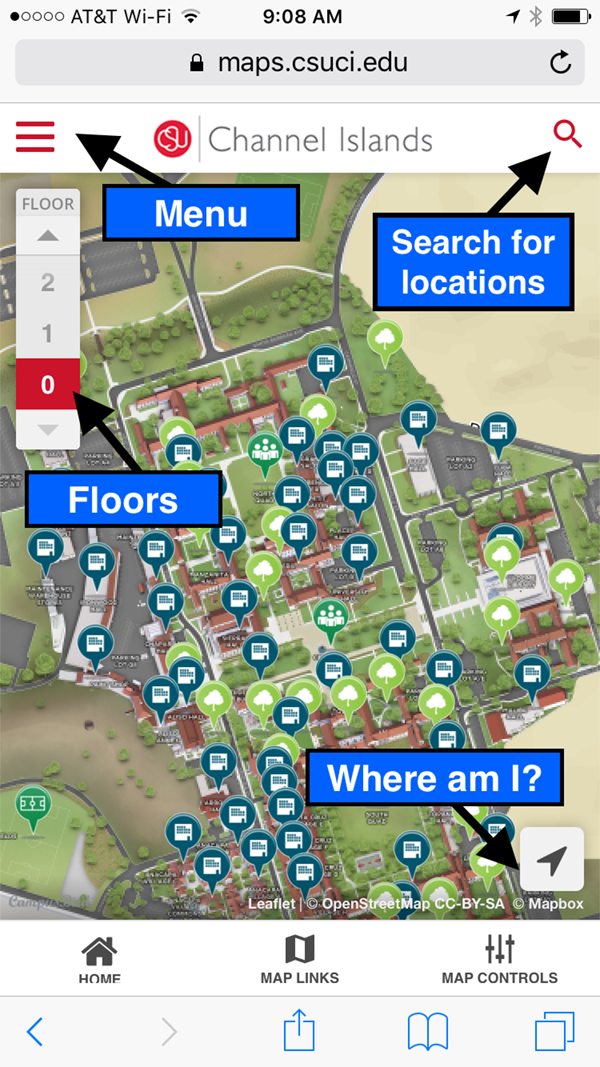 screenshot of mobile map; menu icon in upper left corner; floors menu; pointer to find location