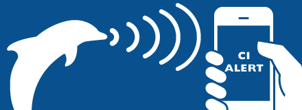 White dolphin outline with moving gif of wifi signals bars moving towards a white phone with the screen with the words CI Alert on it