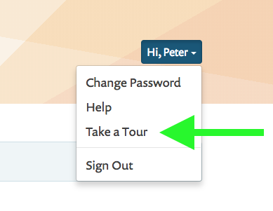 Screenshot of "Take a Tour" option on "Hi FIRSTNAME" profile menu