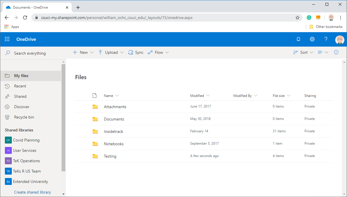 Main OneDrive navigation screen.