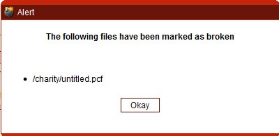 Alert box notifying which files have been marked as broken.