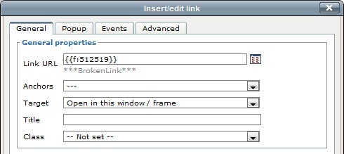 Edit link dialog box showing that this is a broken link.