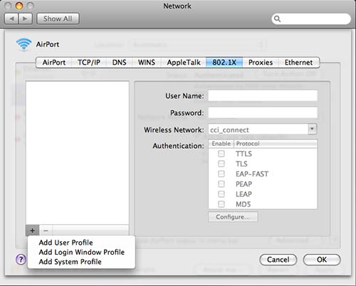 Figure 4: 802.1x Airport Advances Settings