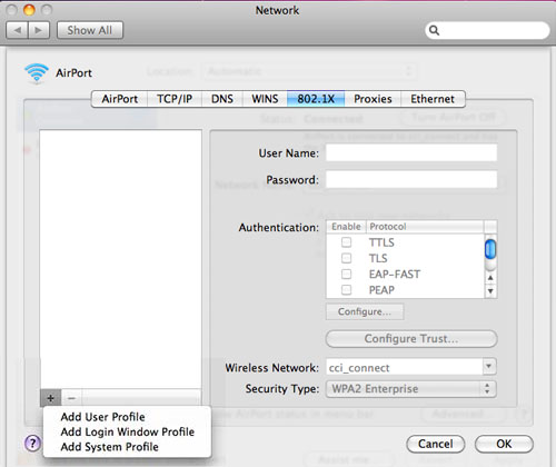 Figure 4: 802.1x Airport Advances Settings