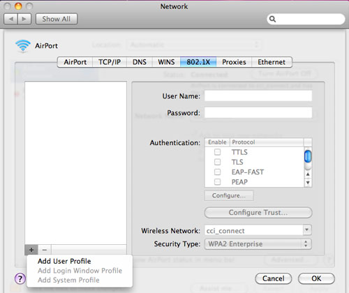 Figure 4: 802.1x Airport Advanced Settings