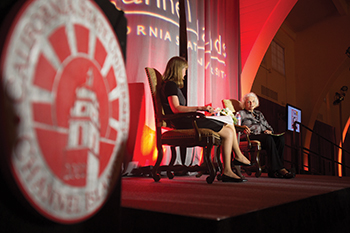 Justice O'Connor on stage answering the interviewer's questions.