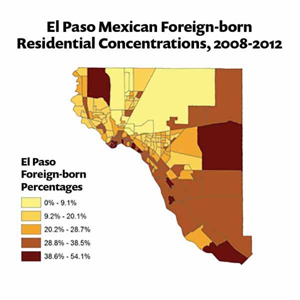 Map showing El Paso Mexican Foreign-born Residential Concentrations, 2008-2012