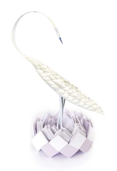 EGRET: This kinetic sculpture was made by Fan from a sheet of Polyvinyl Chloride, synthetic paper, and thread. The motion of the head and tail in the wind brings the bird to life. ARTICHOKE: This is a student project from Fanʼs Origami Math Genius (OMG) class at the Osher Lifelong Learning Institute (OLLI) where he uses the art of origami and math as a brain fitness tool.