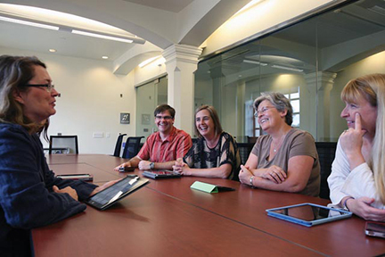 Faculty and staff: Top, left to right: Professor of Secondary Education Jeanne Grier, Director of Academic Technology Services Chris Mattia, Leafstedt, Computer Science Lecturer Anna Bieszczad, English Lecturer Stacey Anderson. Below right, Information Technology Services Student Assistant Kristi O’Neil.