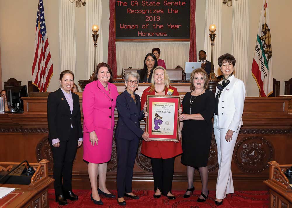 Left to Right: Lt. Governor Eleni Kounalakis, Senate Pro Tempore Toni Atkins, Senator Hannah-Beth Jackson, President Beck, Minority Leader: Senator Shannon Grove, and Democratic Caucus Chair: Senator Connie Leyva.