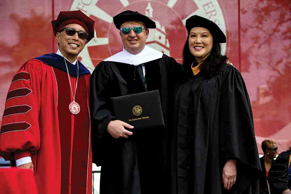 From left to right, President Richard Yao, Jeff Green, and CSU Trustee Wenda Fong at the May 21 ceremony.