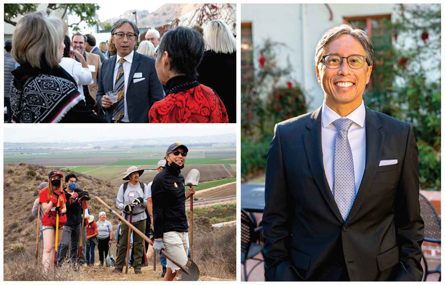 President Richard Yao serves CSUCI in many capacities: connecting with  donors, restoring a Chumash trail on Round Mountain — Sat’wiwa with staff and students.