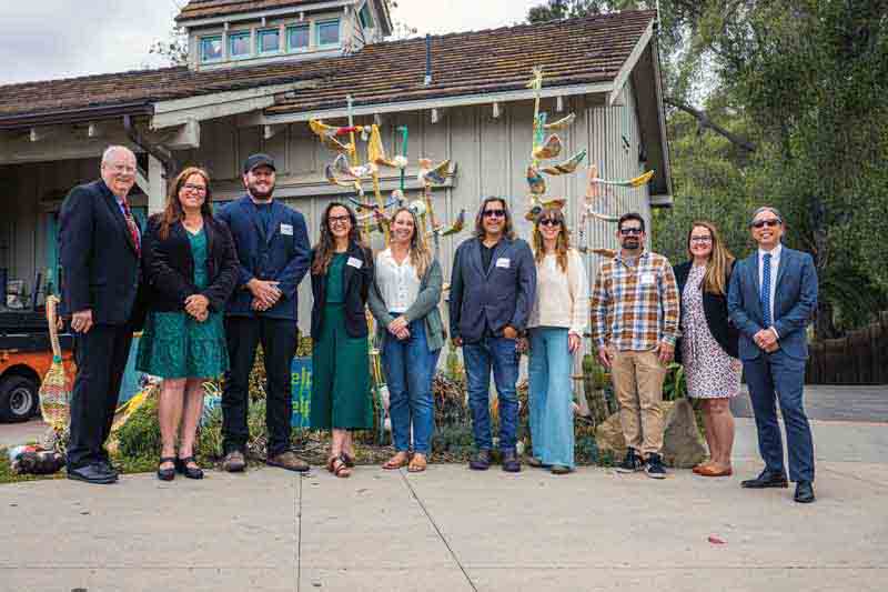 From left to right in front of the Santa Barbara Zoo “Help the Kelp” marine debris art exhibit created by CSUCI students: Zoo President Richard Block; Jennifer Perry, Executive Director of Regional Educational Partnerships at CSUCI; Joe Forrest, CSUCI Santa Rosa Island Research Center Coordinator; Christy Kehoe, National Oceanic and Atmospheric Administration Marine Debris Program Mid-Atlantic regional coordinator; Michaela Miller ’16, B.S. Environmental Science & Resource Management, National Marine Sanctuary Foundation conservation manager; CSUCI Professor of Art Matthew Furmanski; Karly Kennedy ’23, B.A. Art; Kenny Neal ’23, B.A. Art; Zoo Director of Education JJ McLeod; CSUCI President Richard Yao.