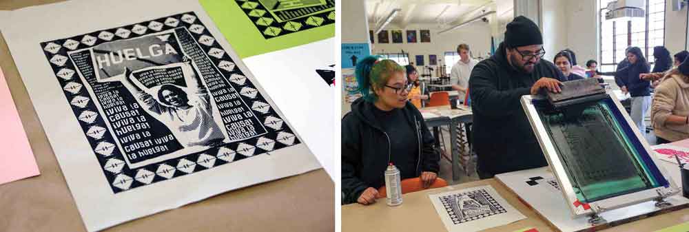 Left: a screenprint designed by student Jose Galvan Martinez dries; Right: Galvan Martinez shows Jesica Carranza how to print