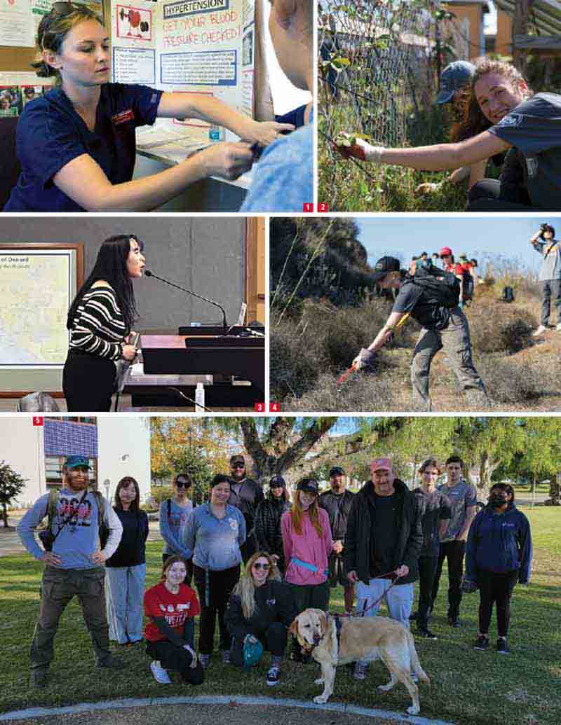 1 Barbara Christianson ‘17 works in a trailer clinic set up by Nursing students. 2 ESRM students do restoration work in New Orleans. 3 Psychology student Martina Ortouste presents research to the Oxnard City Council. 4 Students help restore sat’wiwa in 2019. 5 Volunteers gather for a photo during the CSUCI Veterans Day of Service. 