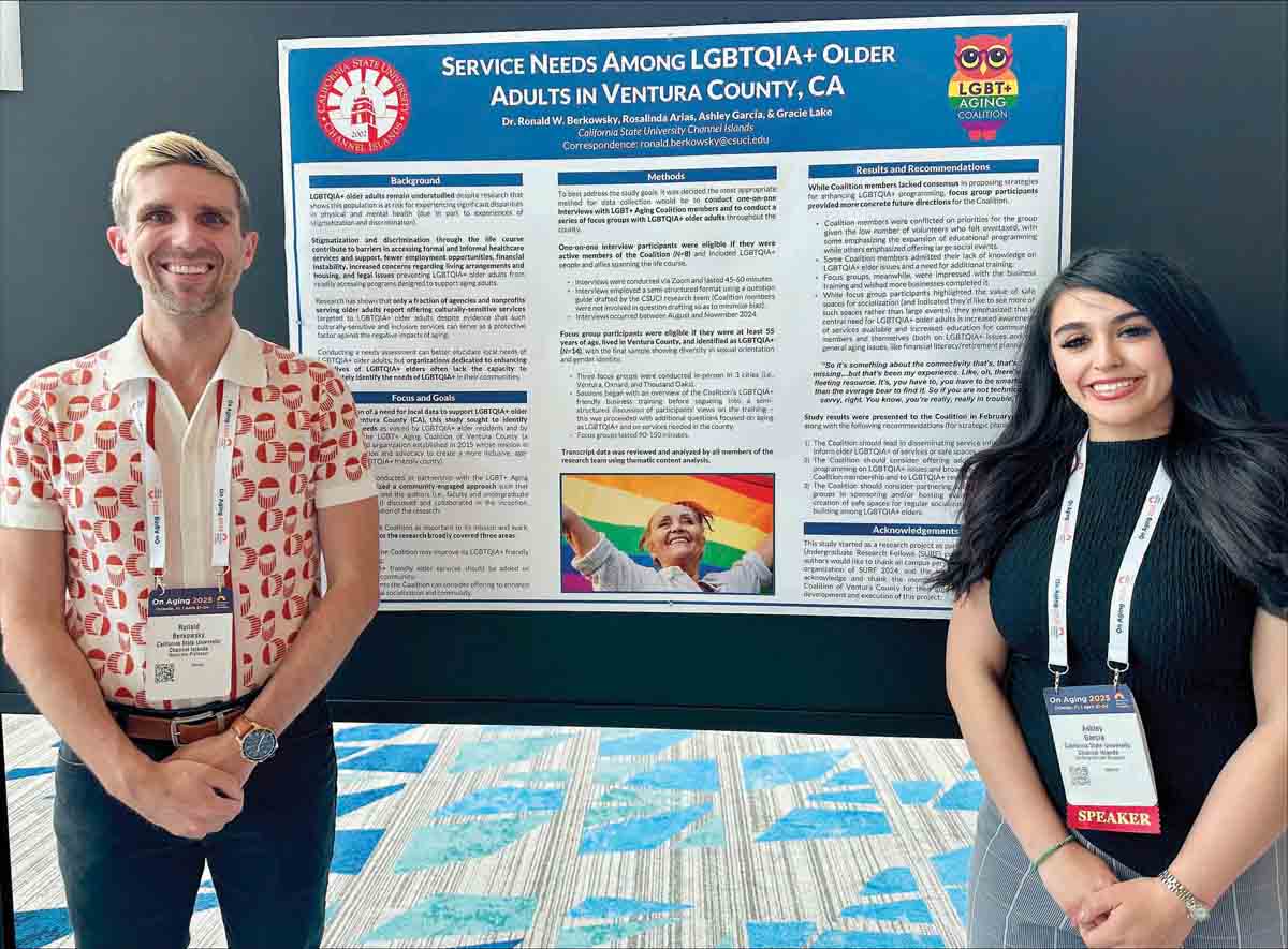 Associate Professor Ronald Berkowsky and student Ashley Garcia present research at the President's Dinner.