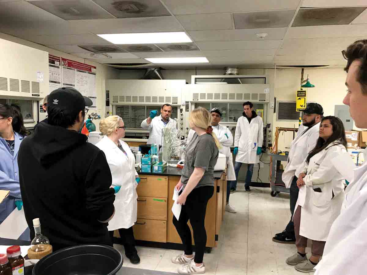 Professor Awad explains laboratory protocol and chain reactions to students.