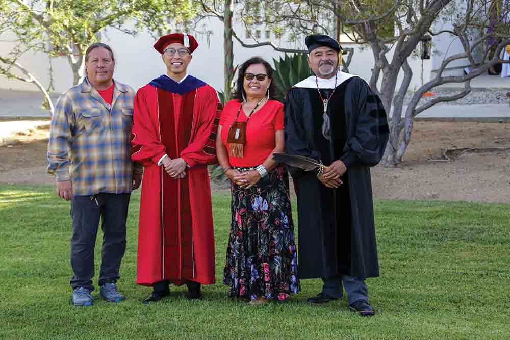 President Yao poses with Chumash representatives Matthew Vestuto, Eleanor Fishburn and Raudel J. Bañuelos Jr.