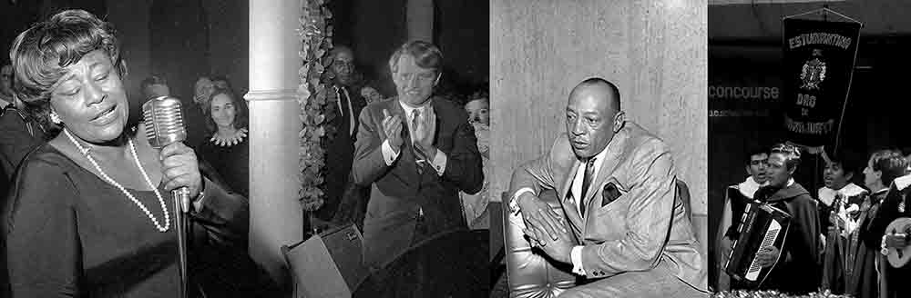 Black and White panoramic of Ella Fitzgerald singing with eyes closed holding a mircrophone and Robert Kennedy watching and applauding next to a portrait of Jesse Owens in a suit sitting on a chair looking to the left with his hands clasped next to a portrait of the Mexican Centennial singing and holding up a banner