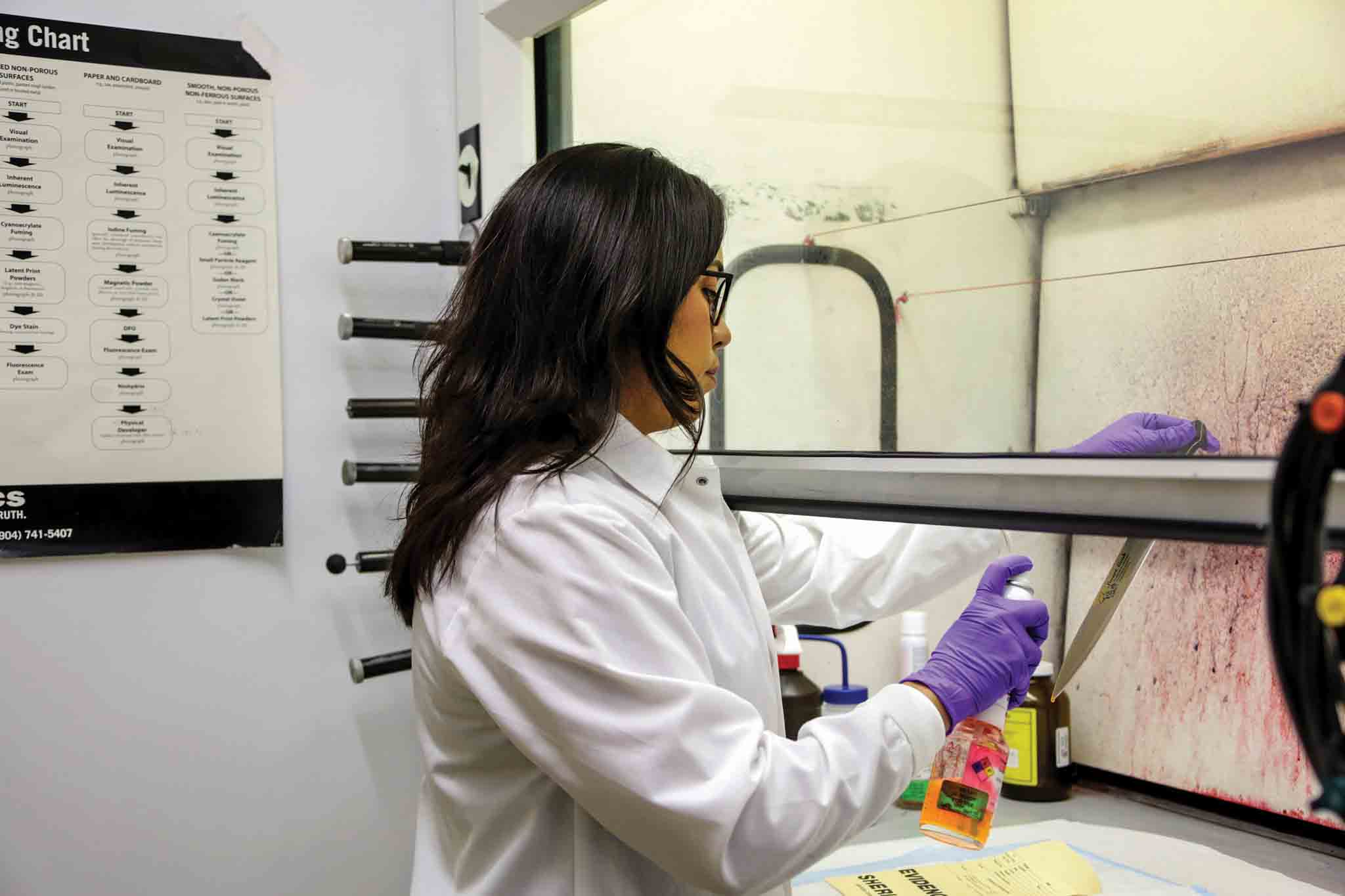 Dennise Hernandez’s forensic work consists of crime scene analysis in the laboratory.
