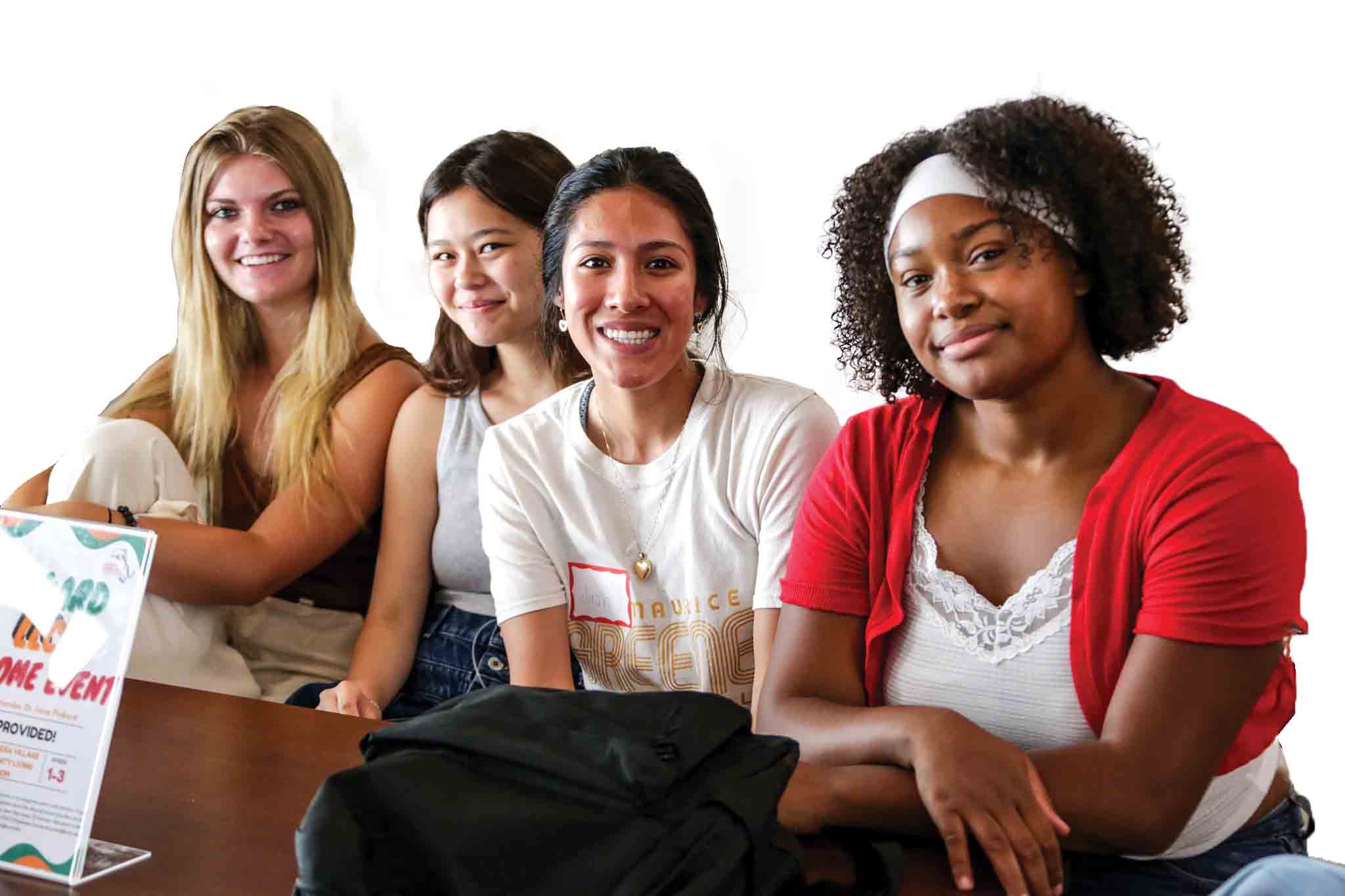 Left to right: student peer mentors part of the Learning Community initiative include Mikayla Hubbs,  Sophie Kim, Jirah Jemerson, and Shayonna Huley