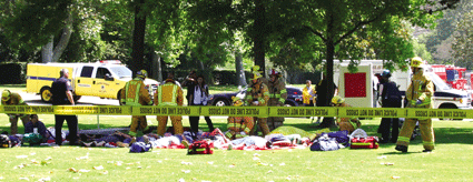 Fire fighters help fake victims on the grass