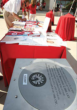 The time capsule, shown here, is a large metal container that was placed in teh john spoor broome library, and will be opened in 2027