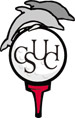 Two dolphins jumping over a golf ball with the CSUCI logo on it