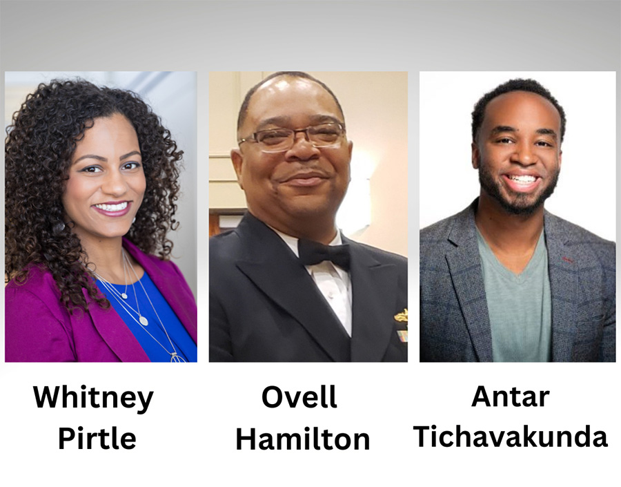 portrait of three scholars who will be speakers for the Black Scholars on Black Lives lecture series: left to right, Whitney Pirtle, Ovell Hamilton and Antar Tichavakunda