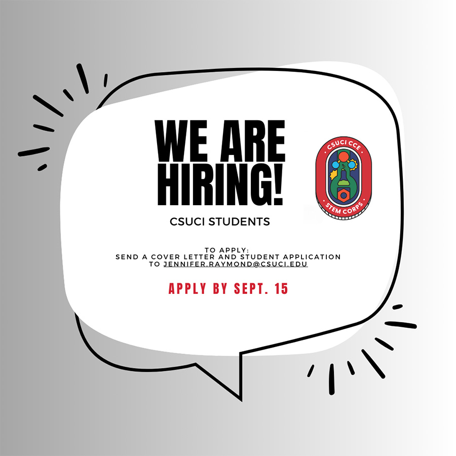Graphic with word bubble stating, "We are hiring!" with the CSUCI STEMP Corps logo 