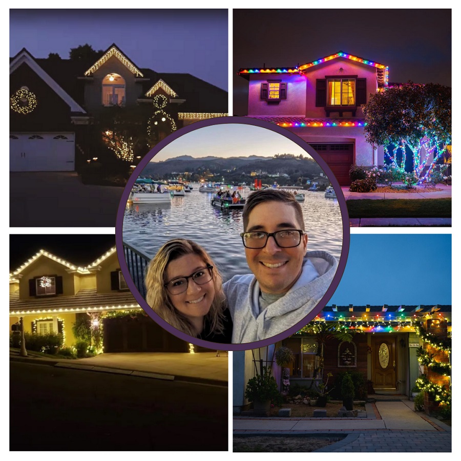 Bryan Castro and Lyndsay Peterson are center in a collage image featuring houses with Christmas lights