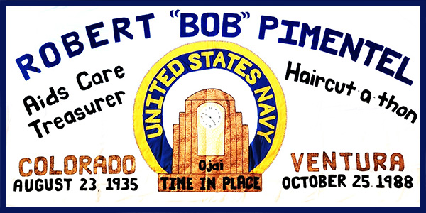 This memorial quilt panel honors Robert “Bob” Pimentel and highlights his military service and community involvement.