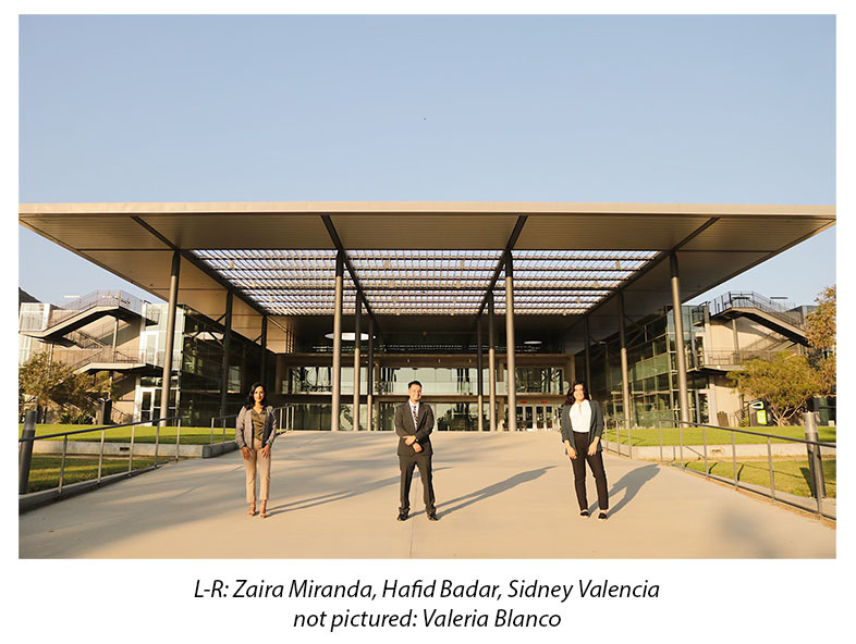 Zaira Miranda, Hafid Badar, Sidney Valencia in front of Broome Library