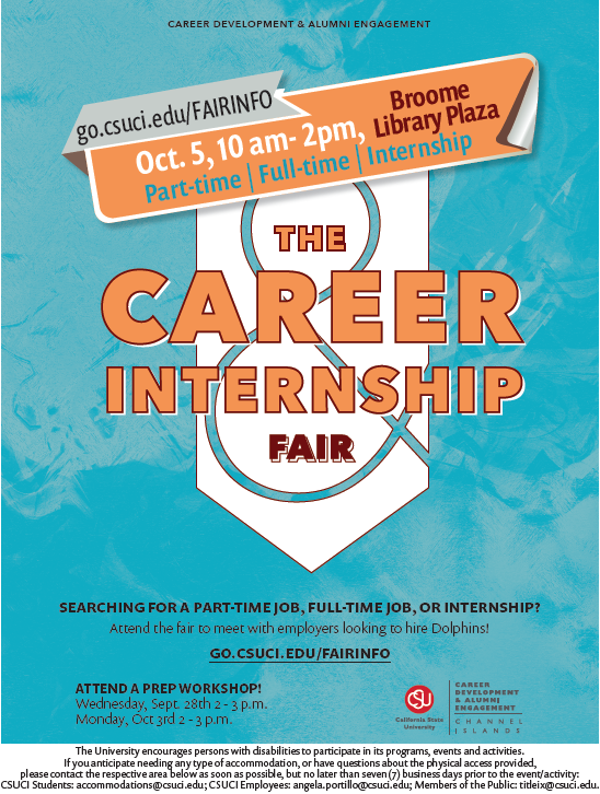 Fall 2022 Career and Internship Fair, Oct. 5 from 10 a.m. to 2 p.m. at the Broome Library Plaza