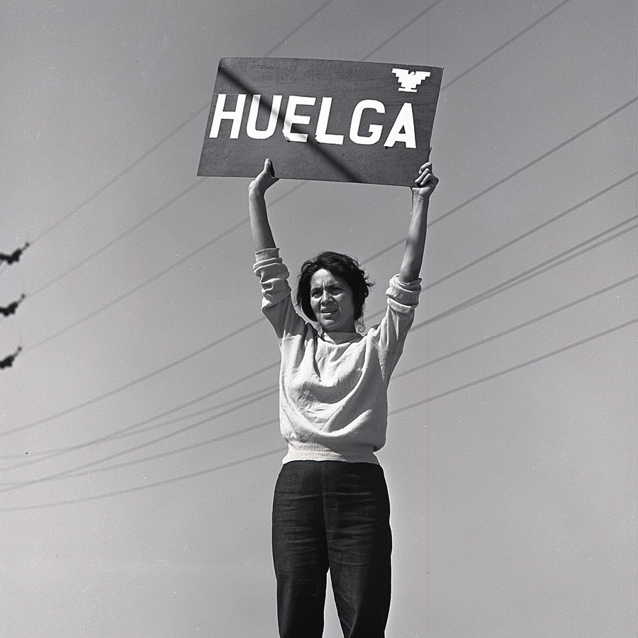 The photo by Harvey Wilson Richards shows Dolores Huerta holding a sign saying "Huelga" during a grape strike in 1965.
