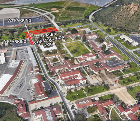 A map showing the road closure for Ventura Street near the A4 parking lot and extending along Santa Barbara Avenue to University Drive