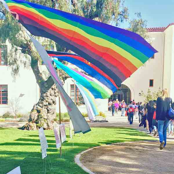 Pride flags wave on campus.