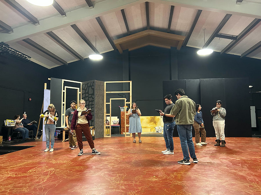 Students rehearse indoors for the 'Puffs' spring play production