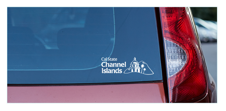 White CSUCI decal on car window