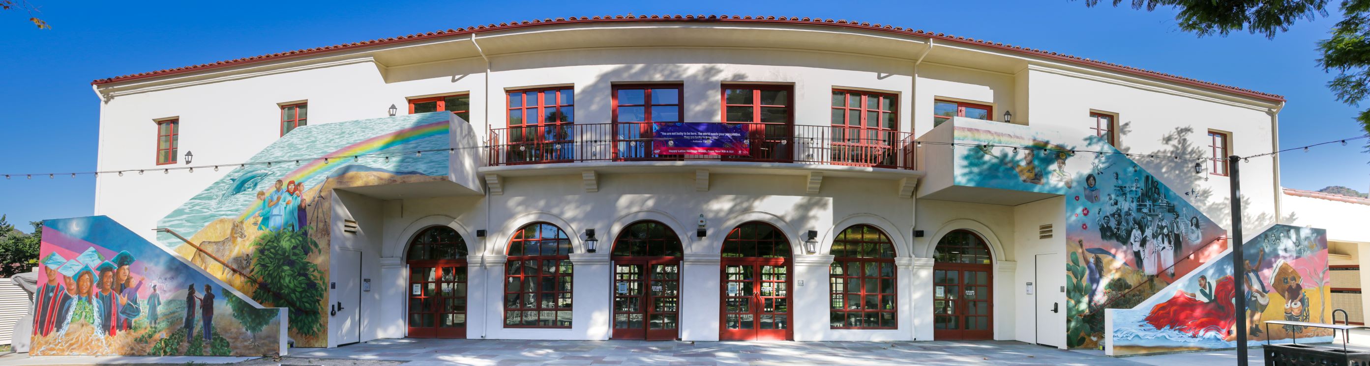 panoramic view of the campus legacy mural on the student union building