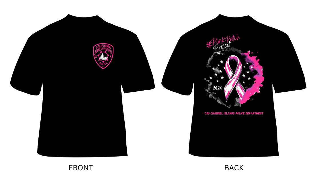 Image of 2024 T-Shirt Design with pink patch on front breast and pink ribbon image on back of shirt.