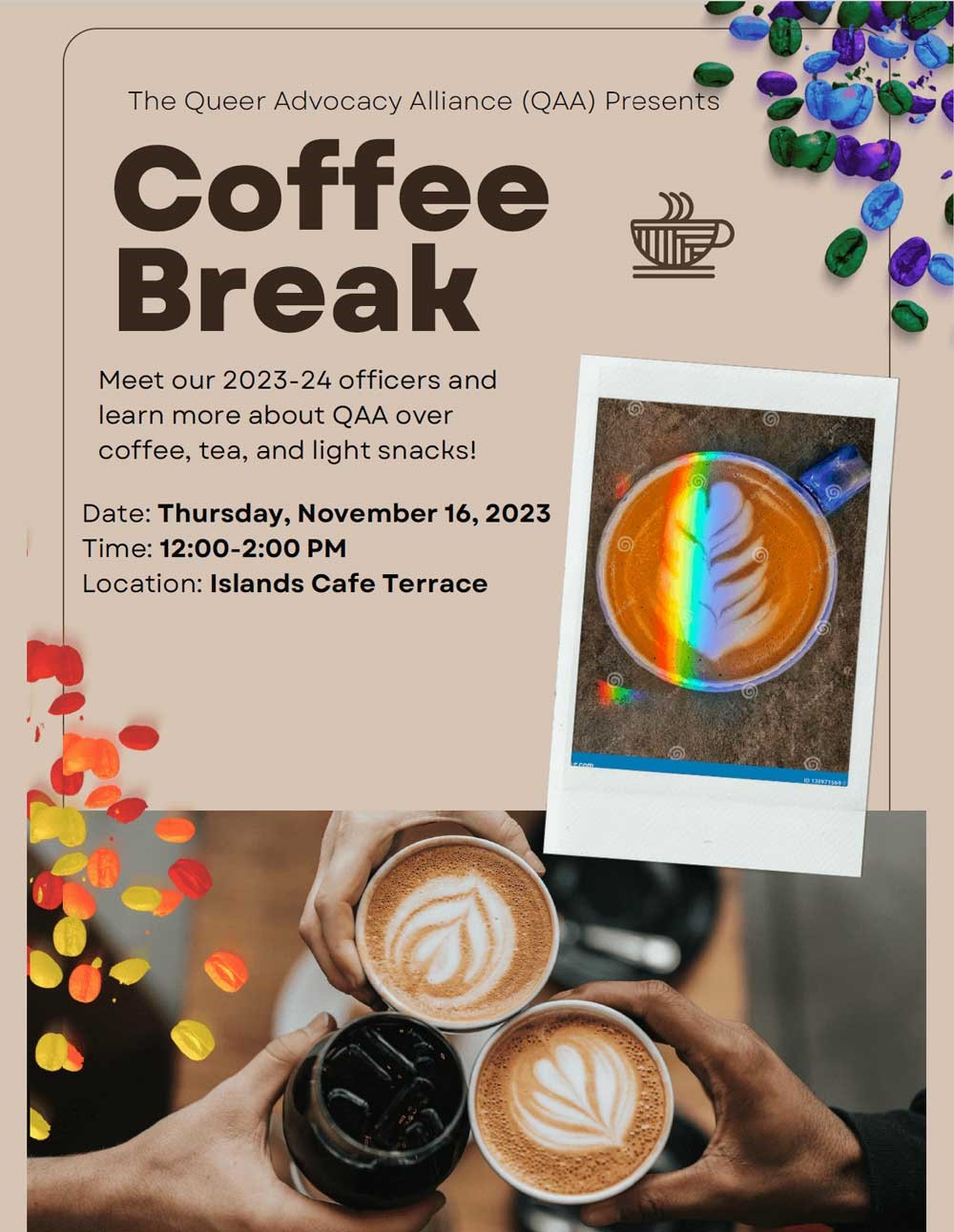 Event Flyer for QAA Coffee Break taking place on 11/16/23, from 12-2pm at the North Islands Cafe Terrace. 