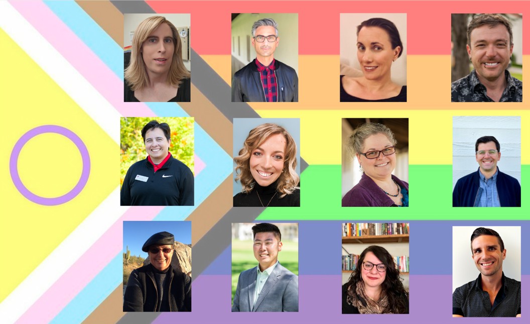 LGBTQIA+ flag image with Staff & Faculty headshotss