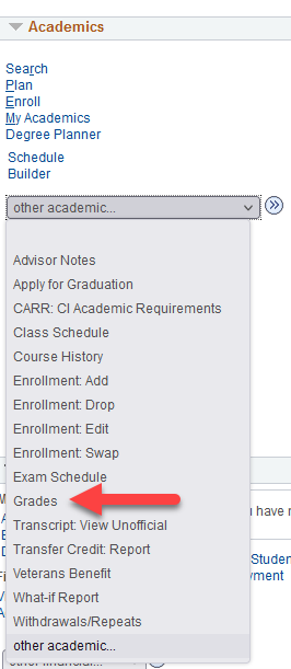 Student Center drop down menu