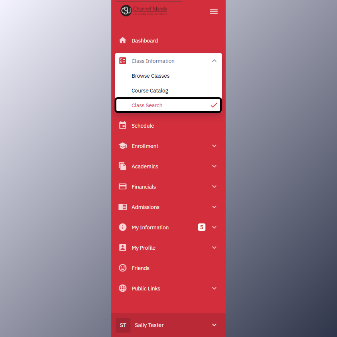 Using navigation bar to select the class search